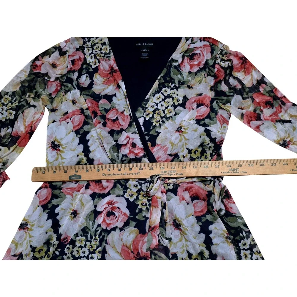 Stella & Julie Floral Faux Wrap Mesh Dress Navy‎ Pink 3/4 Sleeve Size 14 A5